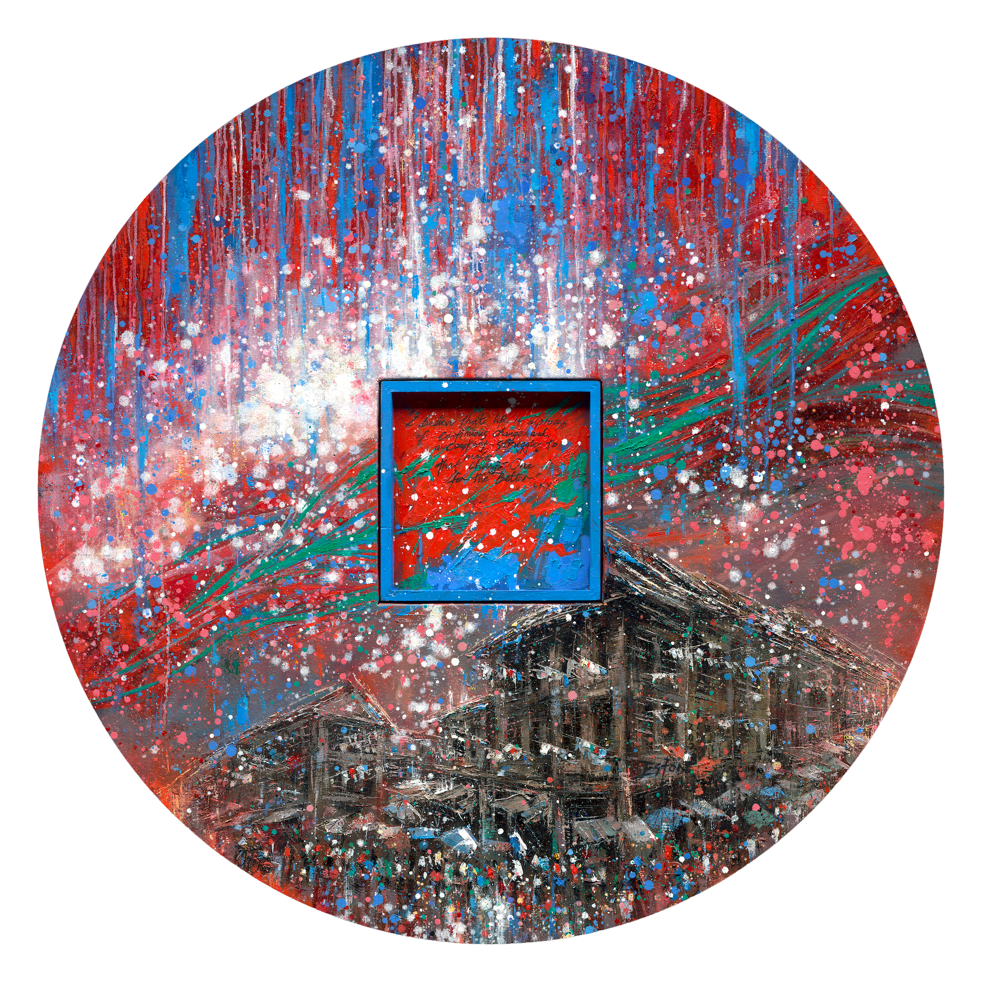 Tributes to The Past — circular oil on jute by Eston Tan